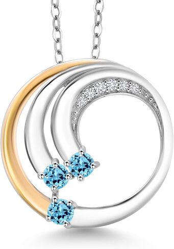 Gem Stone King 925 Silver and 10K Yellow Gold Gemstone Birthstone and White Lab Grown Diamond Spiral Wave 3 Stone Pendant Necklace For Women with 18 Inch Chain in Saudi Arabia