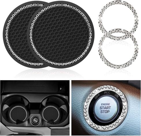 Ouzorp Car Cup Holder Coaster with Push Start Button Bling [4Pcs], Bling Crystal Rhinestone Car Interior Accessories (Silver) in Kuwait