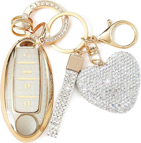 Key Fob Cover with Diamond Keychain for Nissan Car Key Shell Compatible with Altima Rogue Sentra Pathfinder Frontier Maxima Titan Murano Kicks Juke Versa (4 Buttons-Silver Heart) in Kuwait