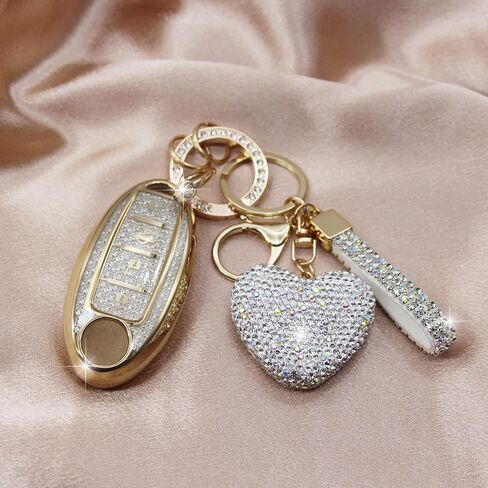 Key Fob Cover with Diamond Keychain for Nissan Car Key Shell Compatible with Altima Rogue Sentra Pathfinder Frontier Maxima Titan Murano Kicks Juke Versa (4 Buttons-Silver Heart) in Kuwait