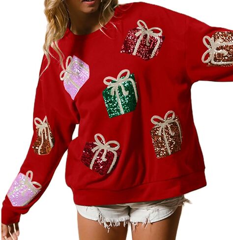 UAURORAO Women Glitter Christmas Sweatshirts Oversized Sequin Funny Shirts Long Sleeve Sparkly Xmas Present Pullover Top in Saudi Arabia