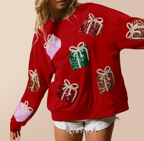UAURORAO Women Glitter Christmas Sweatshirts Oversized Sequin Funny Shirts Long Sleeve Sparkly Xmas Present Pullover Top in Saudi Arabia