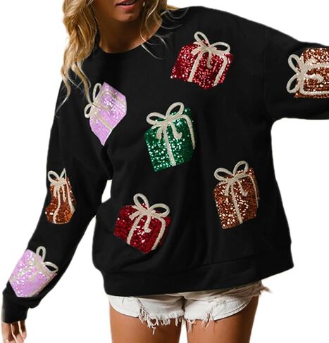 UAURORAO Women Glitter Christmas Sweatshirts Oversized Sequin Funny Shirts Long Sleeve Sparkly Xmas Present Pullover Top in Saudi Arabia