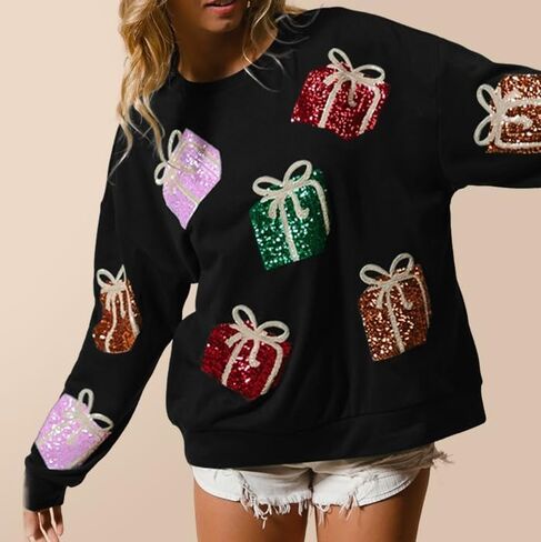 UAURORAO Women Glitter Christmas Sweatshirts Oversized Sequin Funny Shirts Long Sleeve Sparkly Xmas Present Pullover Top in Saudi Arabia