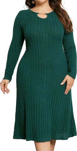 Agnes Orinda Women's Plus Size Dress Ribbed Knit Long Sleeves Keyhole Crew Neck Pullover a Line Midi Dresses in Saudi Arabia