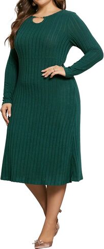 Agnes Orinda Women's Plus Size Dress Ribbed Knit Long Sleeves Keyhole Crew Neck Pullover a Line Midi Dresses in Saudi Arabia