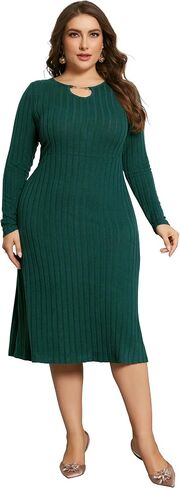 Agnes Orinda Women's Plus Size Dress Ribbed Knit Long Sleeves Keyhole Crew Neck Pullover a Line Midi Dresses in Saudi Arabia