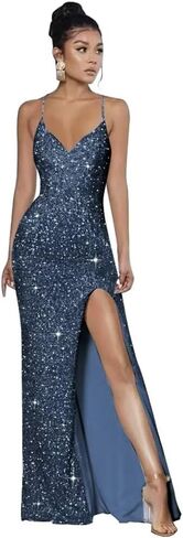 Spaghetti Straps Sequin Prom Dresses 2025 Mermaid Formal Evening Gown V Neck Sparkly Party Dress with Slit in Saudi Arabia