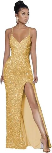 Spaghetti Straps Sequin Prom Dresses 2025 Mermaid Formal Evening Gown V Neck Sparkly Party Dress with Slit in Saudi Arabia