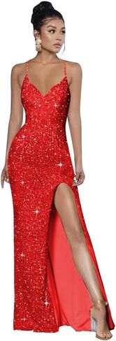 Spaghetti Straps Sequin Prom Dresses 2025 Mermaid Formal Evening Gown V Neck Sparkly Party Dress with Slit in Saudi Arabia