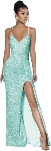 Spaghetti Straps Sequin Prom Dresses 2025 Mermaid Formal Evening Gown V Neck Sparkly Party Dress with Slit in Saudi Arabia