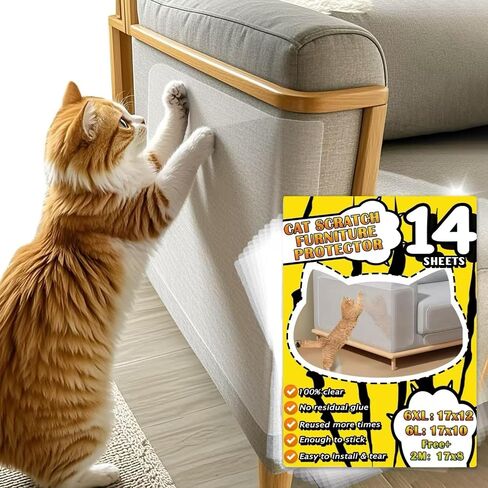 Ultra Clear Anti Cat Scratch Furniture Protector, 14 Pack, Self-Adhesive Couch Protector for Cat Claws, Single Side Cat Scratch Deterrent Tape, No Residue, Reusable, 17x12 inch, 60 Pins in Saudi Arabia
