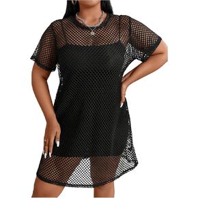 GORGLITTER Women's Plus Sheer Fishnet Mini Dress Mesh See Through Crew Neck Short Sleeve Loose T Shirt Dresses