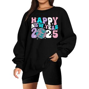 MYHALF Happy New Year Sweatshirt for Women 2025 Christmas Holiday Pullover Shirts Casual Crewneck Graphic Sweater