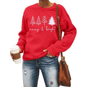 Merry Bright Sweatshirts Women Christmas Trees Sweatshirt Cute Xmas Gift Long Sleeve Shirt Pullover Tops