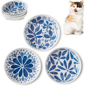 3 Boho Blue Ceramic Cat Bowls,5.5 inch Wide Shallow Cat Food Bowl for Relief Whisker Fatigue with Gift Box