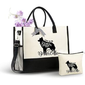 InnoBeta Border Collie Gifts for Women Canvas Tote Bag, Border Collie Gifts Tote with Top Zipper Closure and Shoulder Strap for Birthday, Mother's Day, Christmas