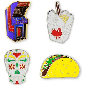Just For Laughs Pincredibles Enamel Pins 4-pack (Chinese Take-out Box, Arcade Game, Taco, Sugar Skull)