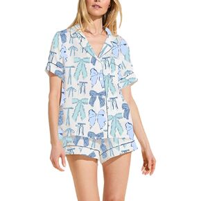 Women Bow Pajama Set Short Sleeve Button Down Shirt with Lounge Shorts Set Y2k 2 Piece Pj Set Cute Sleepwear