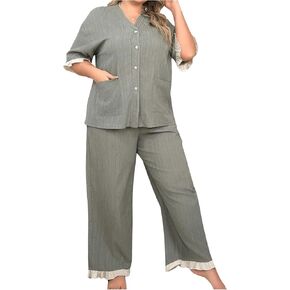 Verdusa Women's Plus Size 2 Pcs Pjama Set Ruffle Hem Notch Collar Button Front Tops Short Sleeve and Pajama Pants Lounge Sets