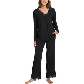 Bamboo Viscose Sleep Sets for Women Long Sleeve Lace V-Neck Pajama Sets