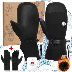2 in 1 Waterproof Ski Mittens with Glove Liners, Winter Snow Gloves 3M Thinsulate Anti-Slip PU Palm Ski Gloves, Windproof Snowboard Mittens with Touchscreen Inner Gloves for All Snowsports, X-Large