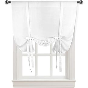 Solid White Tie Up Curtains for Kitchen Bedroom Living Room Windows, Adjustable Tie-Up Shade Rod Pocket Curtain Valance Drape French Country Rustic Classic Colored Art Decor 1 Panel, 42" x 45"