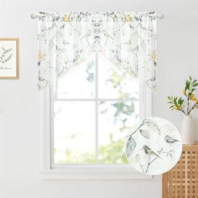 VOGOL Country Style Valances for Farmhouse, Retro Bird Print Semi Sheer Swag Valance for Home Office, Light Filtering Window Topper with Shining Bead Tassels, 2 Panels, 30 x 30, Grey
