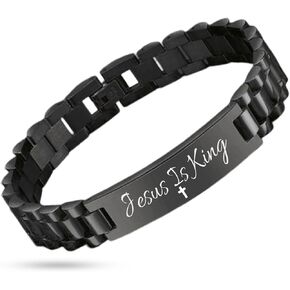 Matte Black Stainless Steel Cuban Link Bracelet - Adjustable with 'Jesus is King' Engraving faith based 1/2 Inch Wide, Includes Mini Tool