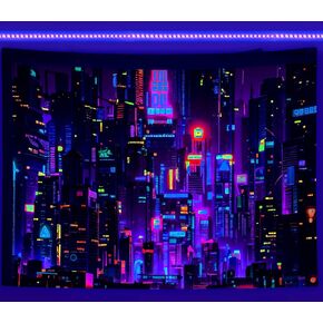 Blacklight Trippy Neon Tapestry, Retro 80S Modern Punk Night City Tapestry Wall Hanging Futuristic Japanese UV Reactive Tapestry, Tapestries Poster for Bedroom Aesthetic Glow in the Dark, 90X70in