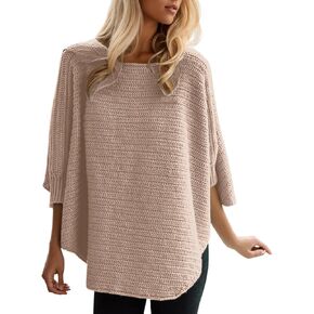 Womens Oversized Tunic Sweater 2024 Batwing Sleeve Sweaters Casual Boat Neck Waffle Knit Split Hem Pullover Tops