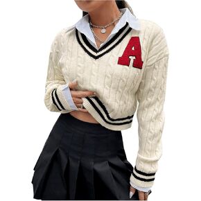 GORGLITTER Women's Letter Flocking Striped Trim Crop Sweater Long Sleeve V Neck Cable Knit Tops