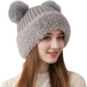 Womens Winter Knitted Beanie Hat with Double Faux Fur Pompom Fuzzy Warm Knit Ski Skull Cap for Women
