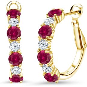 Gem Stone King 18K Yellow Gold Plated Silver Red Created Ruby Hoop Earrings For Women (2.66 Cttw, Gemstone July Birthstone, Round 4MM and 3MM)