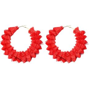 Handwoven Boho Silky Thread Fringe Earrings Layered Tassel Wrapped Hoop Earrings for Women Statement Bohemian Jewelry