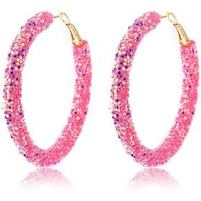 Pink Green Purple Blue Earrings for Women Bohemian Glitter Hoop Hot Earrings Gold Plated Sparkly Circle Statement Rhinestone Dangle Earrings for Women Boho Jewelry