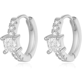 Square Cut Pink Moissanite Hoop Earrings, 14K Gold Huggies Earrings for Women, Fashion Gift for Her