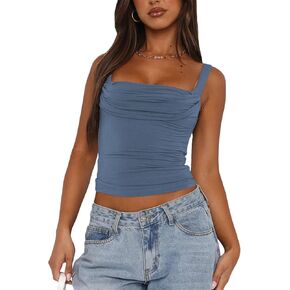 Women Ruched Sleeveless Square Neck Tank Tops Backless Going Out Top Strappy Tight Slim Fit Y2K Cute Crop Top