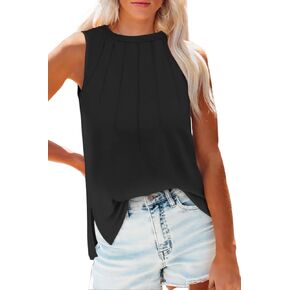 Womens Tank Tops Pleated Crewneck Loose Fit Basic Casual Summer Sleeveless Shirts Side Split