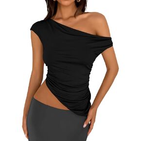 Womens Off One Shoulder Crop Tops Sleeveless Ruched Asymmetrical Sexy Y2k Summer Shirts Going Out Tank Top 2025