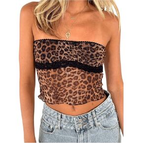 GORGLITTER Women's Mesh Crop Tube Top Leopard Print Strapless Ruched Y2k Sexy Bandeau Going Out Summer Tank