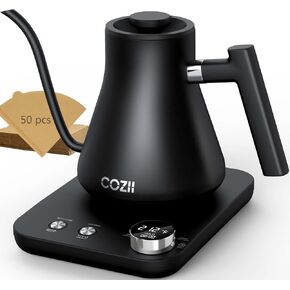 غلاية كهربائية COZII Gooseneck، 5 إعدادات مسبقة و±1℉ تحكم في درجة الحرارة 1200 وات غلاية مياه سريعة التسخين للقهوة/الشاي، تحافظ على الدفء لمدة 24 ساعة، إيقاف تلقائي للصب فوق غلاية مع 50 قطعة فلتر قهوة، 0.9 لتر أسود