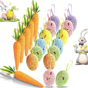 18 Pack Easter Egg Ornaments Easter Colorful Foam Easter Hanging Egg Ornaments Glitter Artificial Carrots for Easter Tree Decorations Spring Party