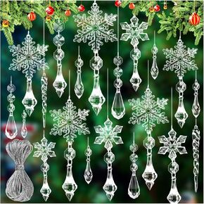28PCS Christmas Tree Decoration Crystal Ornaments, Hanging Christmas Snowflake Ornament Sets Acrylic Icicle with Crystal Line Set for Christmas Tree Winter Wonderland New Year Party Supplies