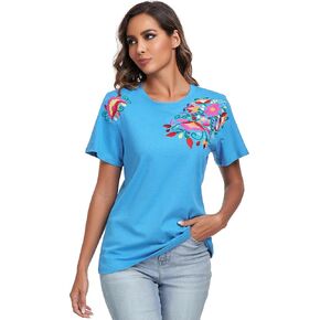 YZXDORWJ Mexican Shirts for Women Traditional Embroidered Tunics Womens Summer Floral Short Sleeve T Shirts