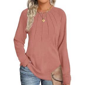KARALIN Women Crew Neck Long Sleeve Shirts Casual Tops Fall Blouses Fashion Pleated Tunic