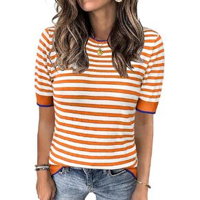 Zeagoo Womens Summer Tops Casual Short Sleeve Striped Sweater Shirt Crewneck Color Block Knit Blouses