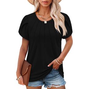 Angerella Womens Pleated Casual Summer Tops Short Sleeve Round Neck Shirts S-3XL