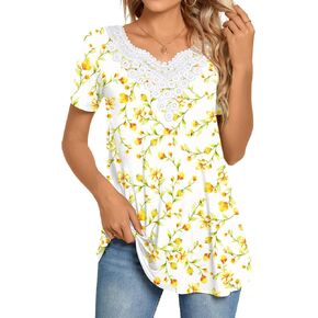 CATHY Women Summer Tunic Tops Casual Short Sleeve Fashion Crochet Lace Shirts Pleated Loose Blouses