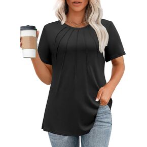 Womens Plus Size Tops Casual Short Sleeve Crew Neck Tunics Shirts Summer Loose Fit Pleated Dressy Blouses 1X-5X